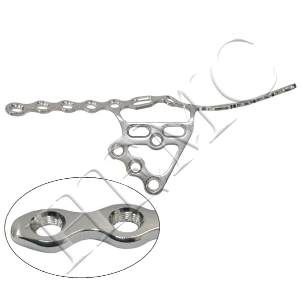 3.5mm PELVIC SUPRAPECTINEAL PLATE WITH ANATOMICAL BEND & 2 LONG DC HOLES, (DC ROUND HOLES)